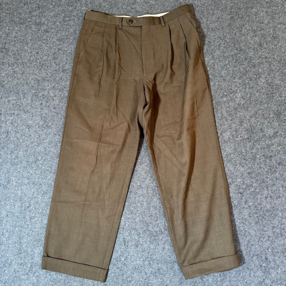 Ralph Lauren Mens Brown Glen Plaid Pleated Cuffed Dress Pants Trousers Fit 32x28